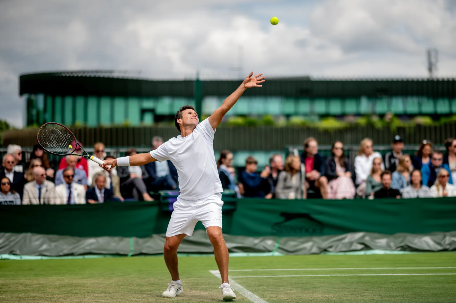 Miguel tosses the ball to serve on a grass court, with spectators in the stands.